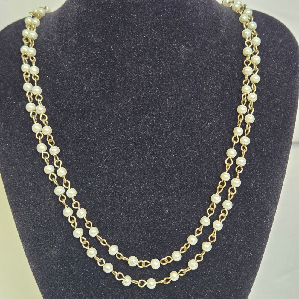 Double Strand Faux Pearl Necklace, Gold Tone, Toggle Clasp, 18" Chain